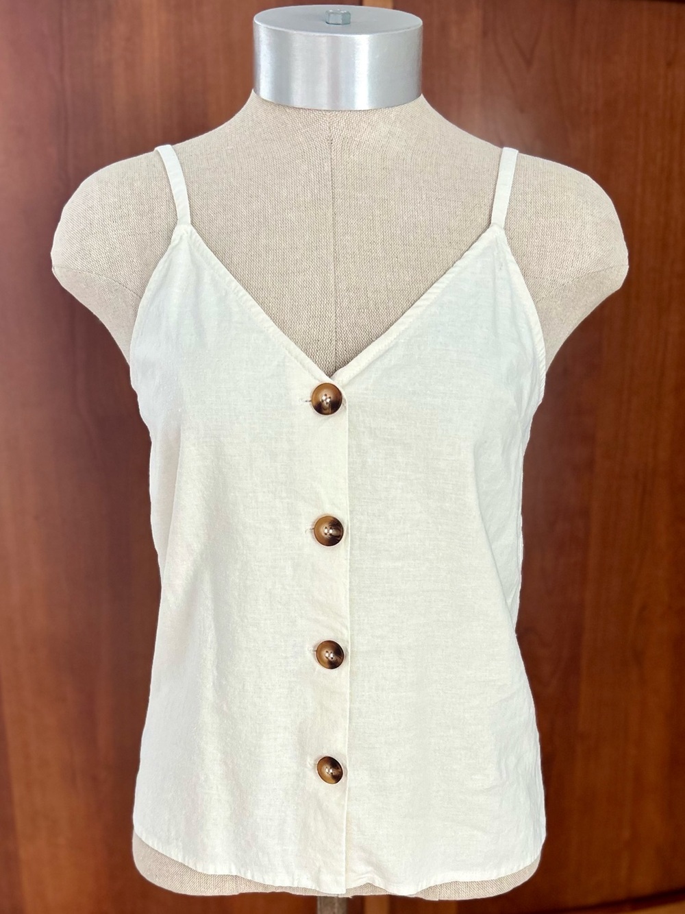 Topshop Ivory Linen Blend Button Front V-Neck Cami Top Size US 4